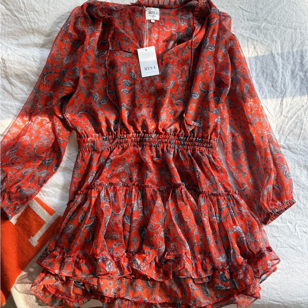 Misa Los Angeles Red Paisley Long Sleeve Lorena Dress